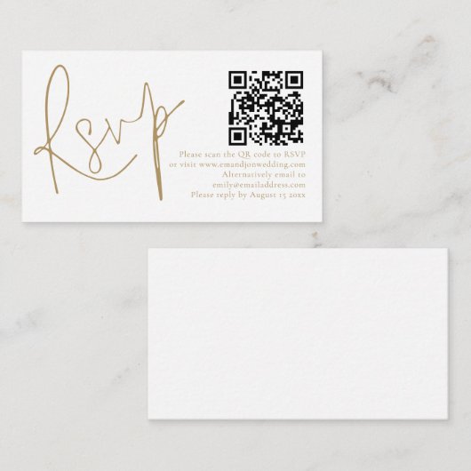 Elegantes Gold Script QR Code Hochzeit RSVP Begleitkarte (Vorne/Hinten)