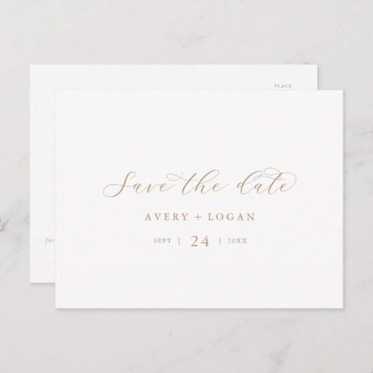 Elegantes Gold Script Save the Date Einladungspostkarte (Vorne/Hinten)