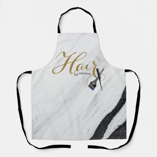Elegantes Gold Script Schwarz-weiß Marble Hair von Schürze (Vorderseite)