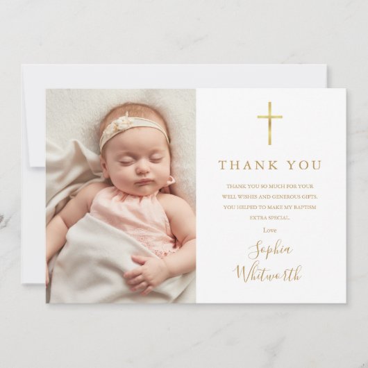 Elegantes Gold Script Taufe Christening Foto Dankeskarte (Vorderseite)