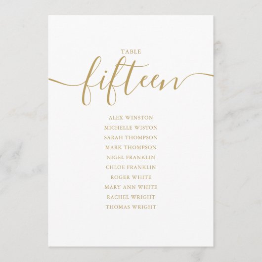 Elegantes Gold Script Tischnummer 15 Sitzplan (Vorderseite)