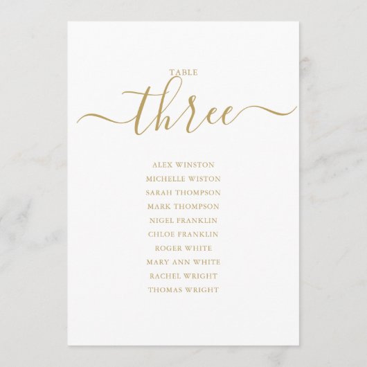 Elegantes Gold Script Tischnummer 3 Sitzplan (Rückseite)