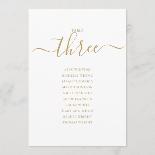 Elegantes Gold Script Tischnummer 3 Sitzplan (Vorderseite)