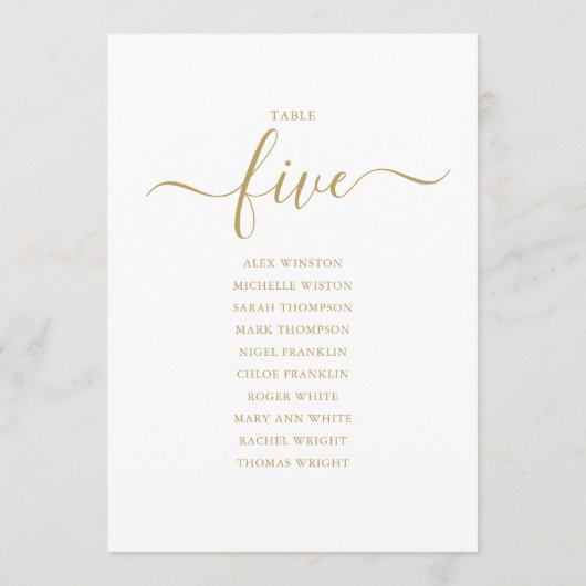 Elegantes Gold Script Tischnummer 5 Sitzplan (Rückseite)