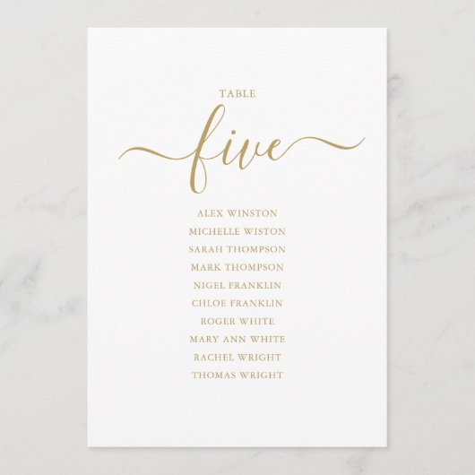 Elegantes Gold Script Tischnummer 5 Sitzplan (Vorderseite)