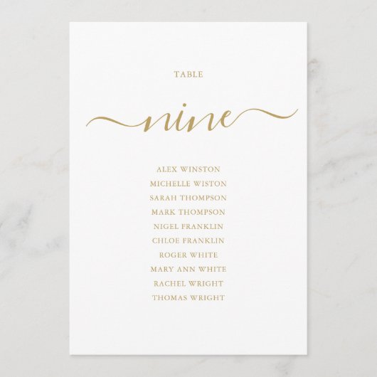 Elegantes Gold Script Tischnummer 9 Sitzplan (Vorderseite)