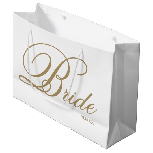 Elegantes Gold Script und White Bride Große Gesche Geschenktüte (Vorderseite Schrägansicht)