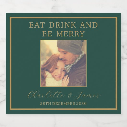 Elegantes Gold Script Wedding Foto | Grün Schaumweinetikett (Einzelnes Label)