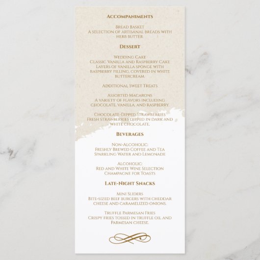 Elegantes Gold Script Wedding Menu Programm (Rückseite)
