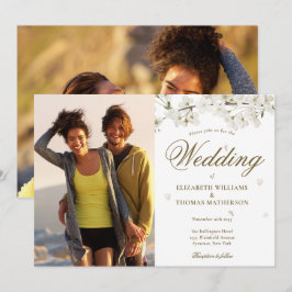 Elegantes Gold Script Weißes Blossom 2 Foto Einladung