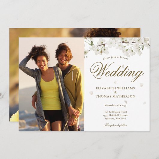 Elegantes Gold Script Weißes Blossom 2 Foto Einladung (Vorne/Hinten)