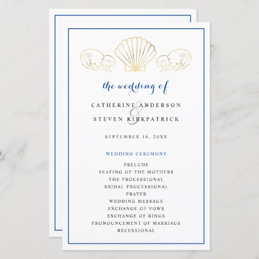 Elegantes Gold Seashell Wedding Zeremony Program (Vorne/Hinten)