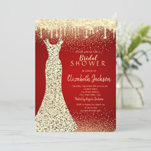 Elegantes Gold Sequins Dress, Confetti Brautparty Einladung (Stehend Vorderseite)