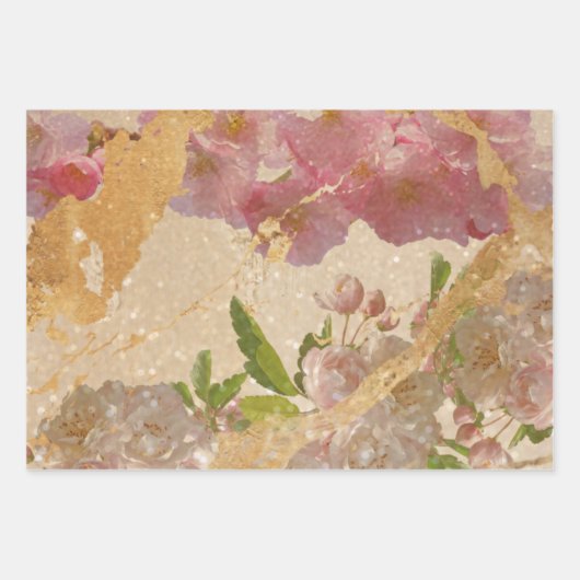 Elegantes Gold Shimmer Blumendesign Geschenkpapier Set (Vorderseite 3)