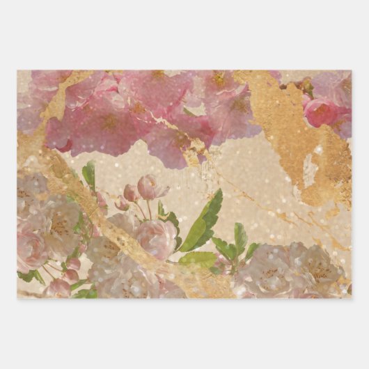 Elegantes Gold Shimmer Blumendesign Geschenkpapier Set (Vorderseite)