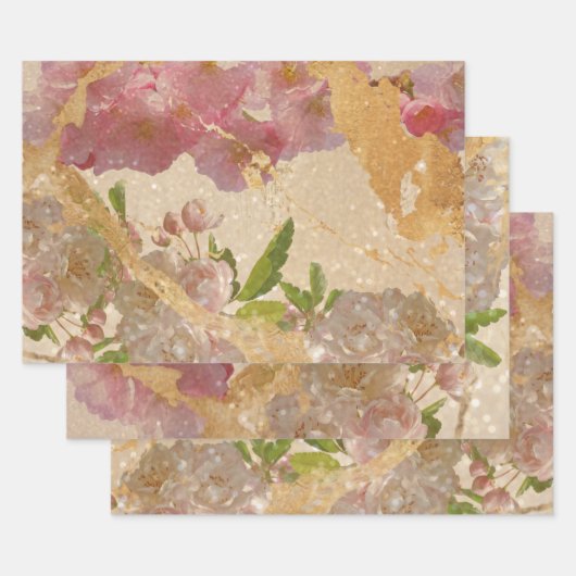 Elegantes Gold Shimmer Blumendesign Geschenkpapier Set (Set)