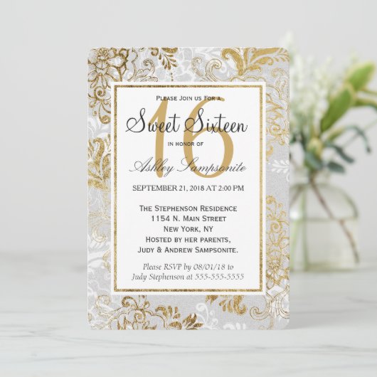 Elegantes Gold Silber und Gray Floral Sweet 16 Einladung (Stehend Vorderseite)