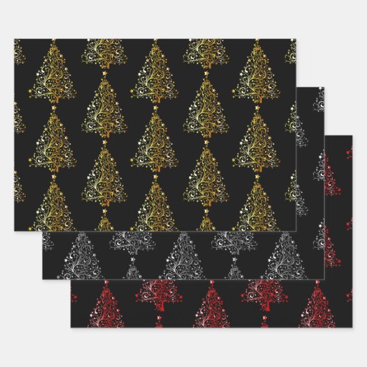 Elegantes Gold Silver & Red Christmas Tree Motif Geschenkpapier Set (Set)