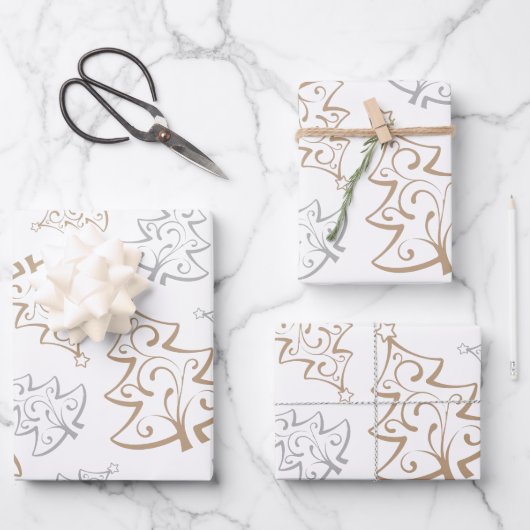 Elegantes Gold Silver Tree Weihnachtswrapping Pape Geschenkpapier Set (Vorderseite)