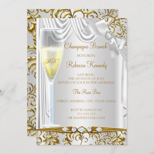 Elegantes Gold Silver White Silk Champagne Brunch Einladung (Vorne/Hinten)