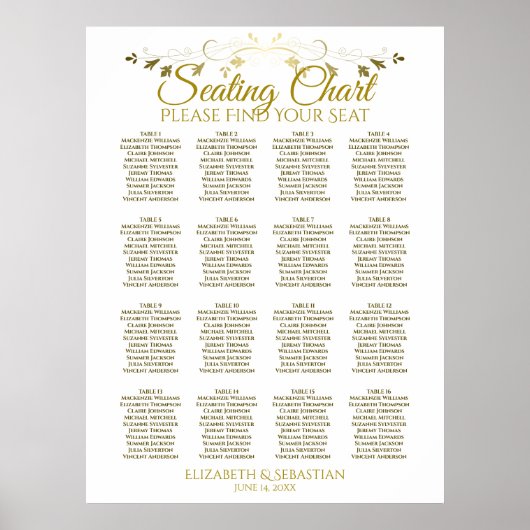Elegantes Gold Simple 16 Table Wedding Seating Cha Poster (Vorne)