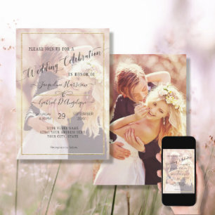 Elegantes Gold Simple Minimal Script Wedding Foto  Einladung