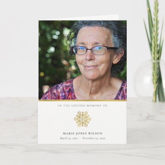 Elegantes Gold Snowflake Foto Beileid Memorial Dankeskarte (Vorderseite)