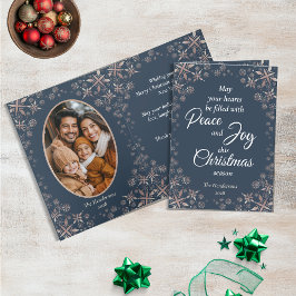 Elegantes Gold Snowflakes Peace Joy Blue Foto Feiertagskarte