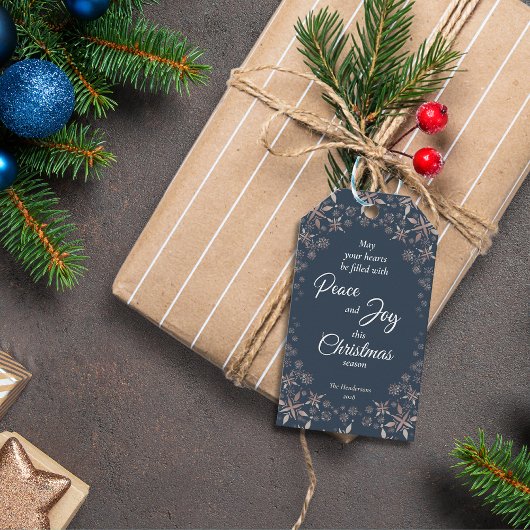 Elegantes Gold Snowflakes Peace Joy Blue Geschenkanhänger