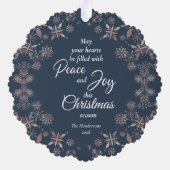 Elegantes Gold Snowflakes Peace Joy Blue Ornament Karte (Rückseite)