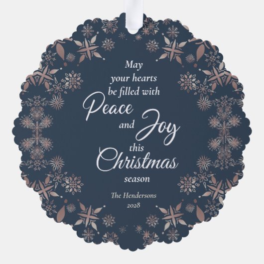 Elegantes Gold Snowflakes Peace Joy Blue Ornament Karte (Rückseite)