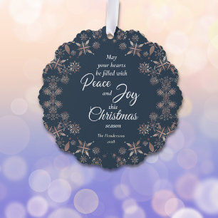 Elegantes Gold Snowflakes Peace Joy Blue Ornament Karte