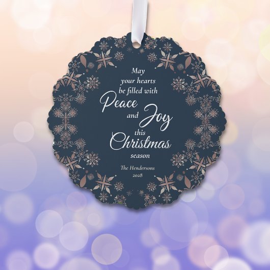 Elegantes Gold Snowflakes Peace Joy Blue Ornament Karte