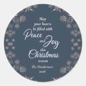 Elegantes Gold Snowflakes Peace Joy Blue Runder Aufkleber (Vorderseite)