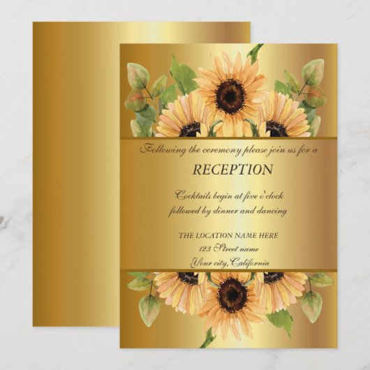 Elegantes Gold, Sonnenblumen Hochzeitsempfang Einladung (Vorne/Hinten)