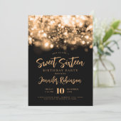 Elegantes Gold Sparkle Lights Foto Sweet 16 Einladung (Stehend Vorderseite)