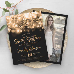 Elegantes Gold Sparkle Lights Foto Sweet 16 Einladung