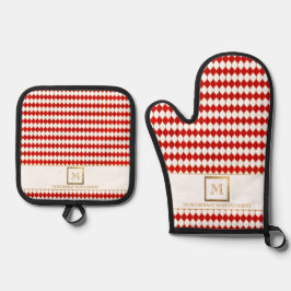 Elegantes Gold Square Monogram Red Diamond Muster Ofenhandschuh & Topflappen-Set