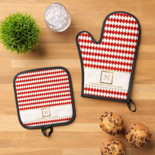 Elegantes Gold Square Monogram Red Diamond Muster Ofenhandschuh & Topflappen-Set