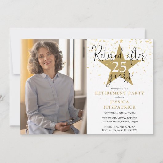 Elegantes Gold Stars Foto Retirement Party Einladung (Vorderseite)