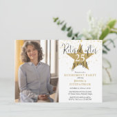 Elegantes Gold Stars Foto Retirement Party Einladung (Stehend Vorderseite)