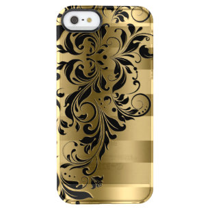 Elegantes Gold Streifen Muster und schwarze Blüten Durchsichtige iPhone SE/5/5s Hülle