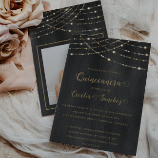 Elegantes Gold String Lights Foto Quinceanera Einladung