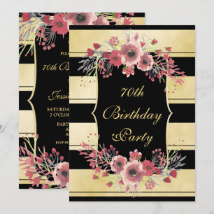Elegantes Gold Stripes BlumenAquarell 70. Einladung