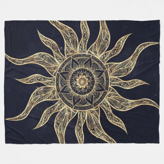 Elegantes Gold Sun Mandala Blauer Nebel Design Fleecedecke (Vorderseite (Horizontal))