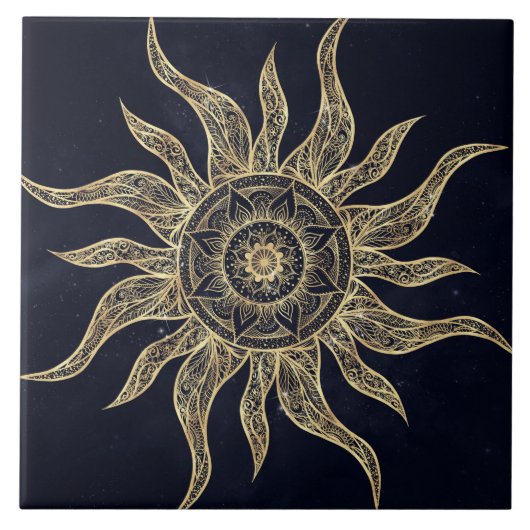 Elegantes Gold Sun Mandala Blauer Nebel Design Fliese (Vorderseite)