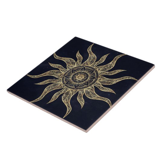 Elegantes Gold Sun Mandala Blauer Nebel Design Fliese (Seite)