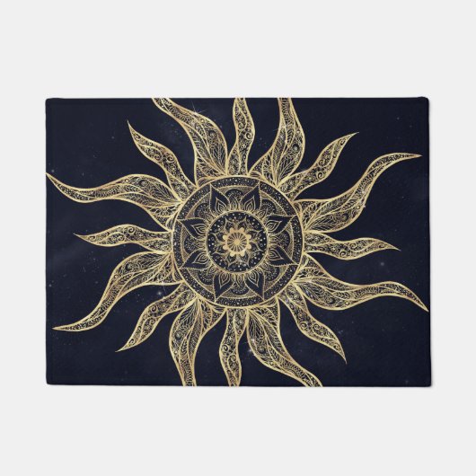 Elegantes Gold Sun Mandala Blauer Nebel Design Fußmatte (Vorderseite)