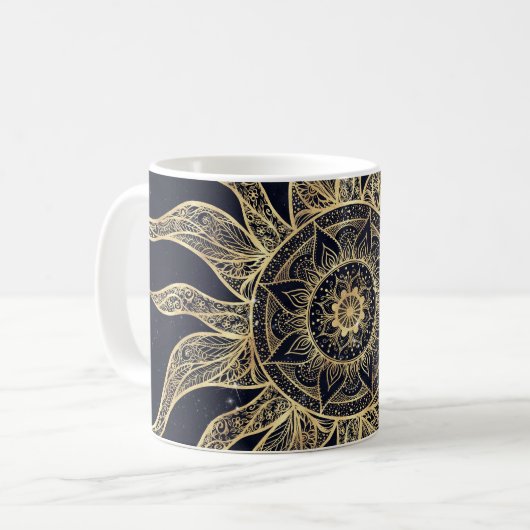 Elegantes Gold Sun Mandala Blauer Nebel Design Kaffeetasse (Vorderseite Links)