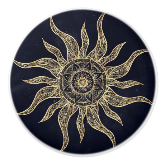 Elegantes Gold Sun Mandala Blauer Nebel Design Keramikknauf (Vorderseite)
